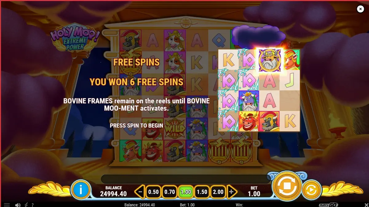 Tela de jogo do slot Holy Moo! Extreme Power com Zeus em forma de vaca